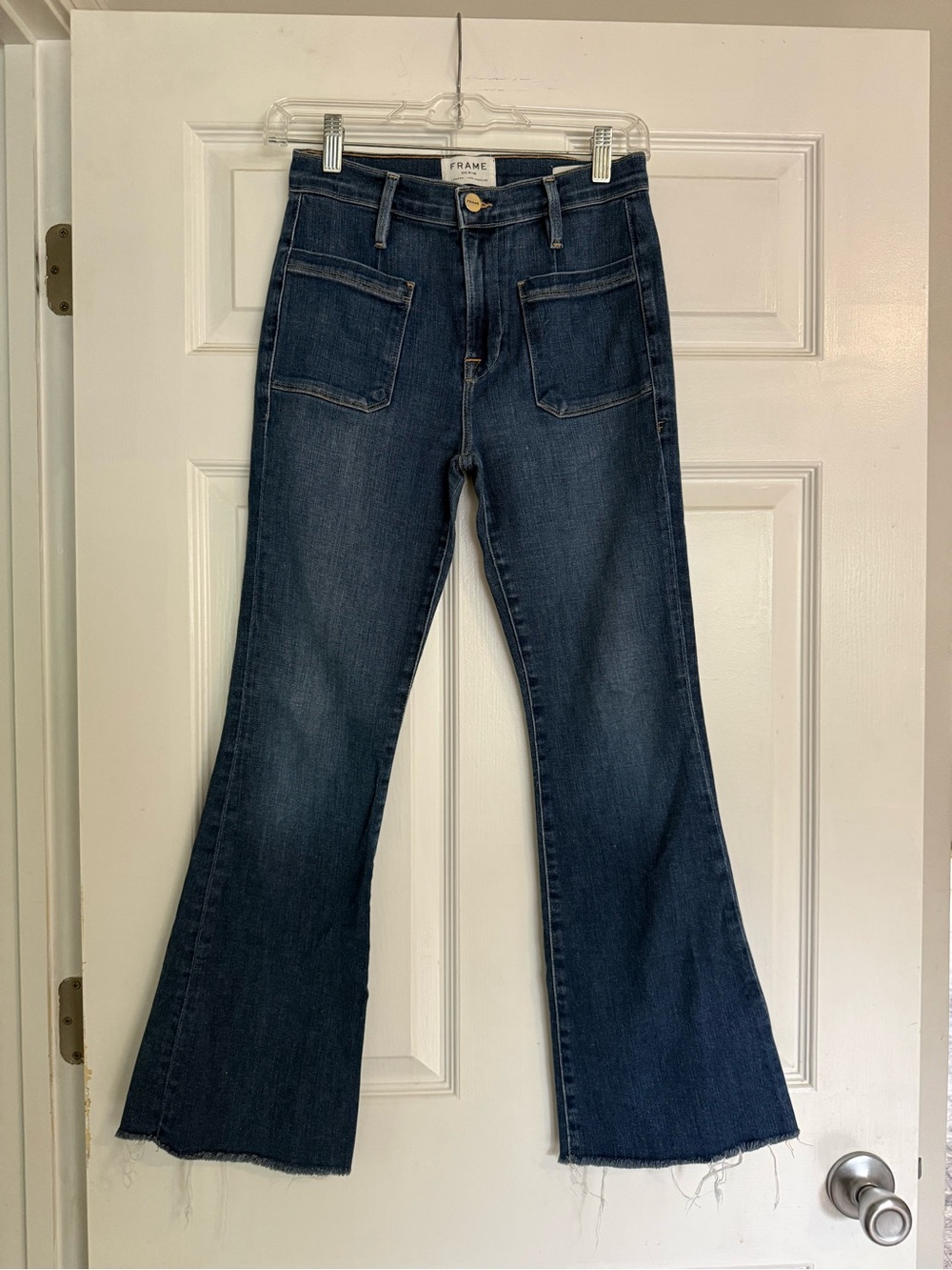 Frame Denim Indigo High-Rise Flare Jeans with Patch Pockets
